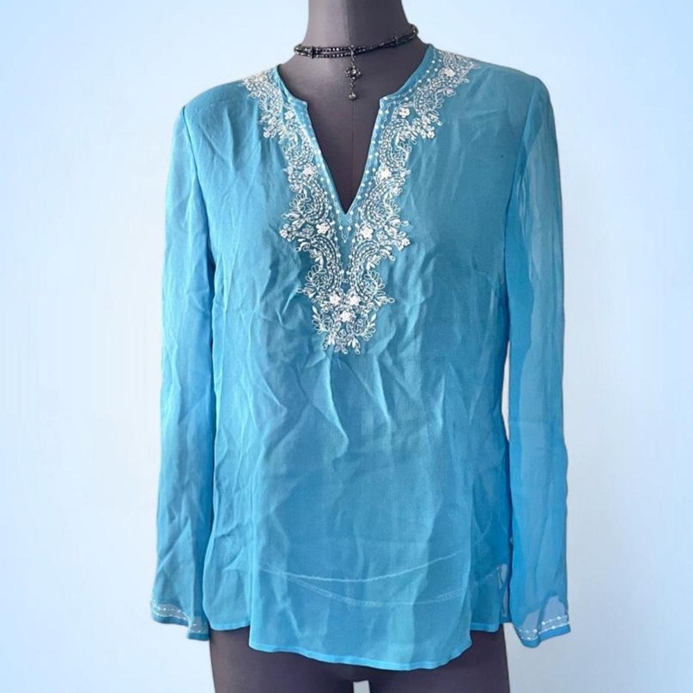 Ann Taylor 100% Silk Sheer Turquoise Boho Embroidered Top